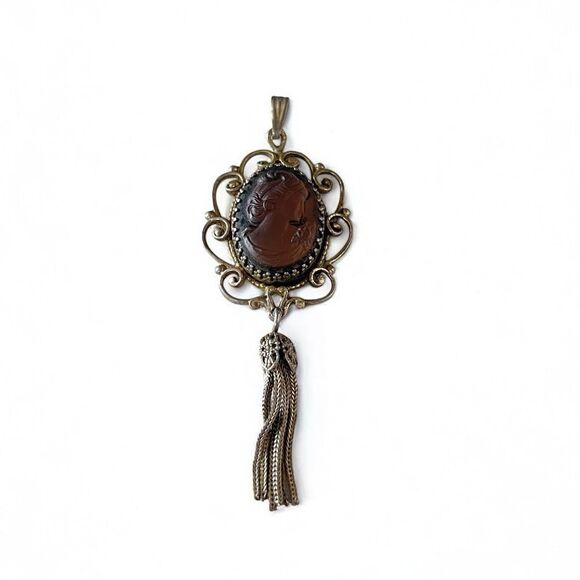 Vintage Whiting & Davis Glass Cameo Tassel Pendant - Picture 2 of 5